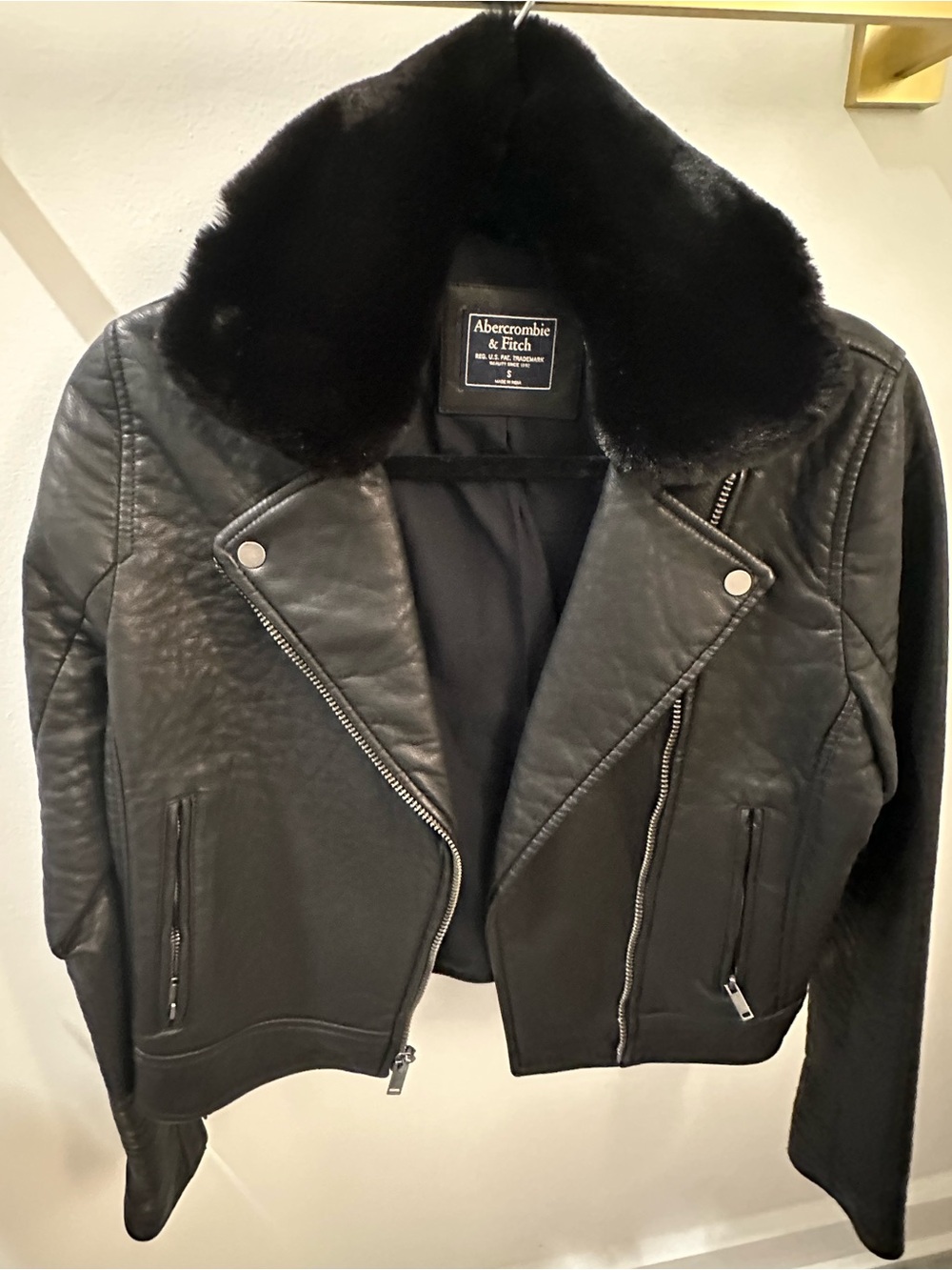 Abercrombie & Fitch Black Faux Leather Moto Jacket with Plush Collar